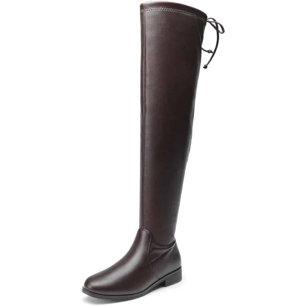 🆕Women's Brown-pu Thigh High Low Block Heel Casual Fashion Over the Knee Boots